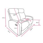 Diagrama de medidas del sofá reclinable de dos plazas con dimensiones detalladas: 128 cm de ancho total, 100 cm de altura, y 95 cm de profundidad. Ancho del asiento de 100 cm, profundidad del asiento de 51 cm, altura del respaldo de 56 cm, altura del reposabrazos de 62 cm y altura desde el suelo al asiento de 49 cm. Ideal para quienes buscan muebles cómodos y ergonómicos. Las medidas están claramente indicadas con flechas y números en color rosa, proporcionando una guía visual precisa para los compradores interesados en sofás reclinables.