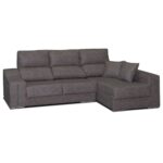 Sofá chaise longue modelo Río, con asientos deslizantes y respaldo reclinable. Tela antimanchas en color gris oscuro.