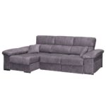 Sofá chaise longue económico en oferta, disponible en tienda de muebles en Murcia. Tela antimanchas de color gris.