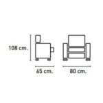 Diagrama de dimensiones de la butaca orejero fija. La vista lateral muestra una altura total de 108 cm y una profundidad de 65 cm. La vista frontal muestra un ancho total de 80 cm. Este esquema proporciona una referencia visual de las medidas exactas del mueble.