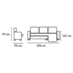 Dibujo técnico de un sofá en forma de L con medidas indicadas. El sofá mide 290 cm de largo, 167 cm de profundidad en la sección de chaise longue, y 99 cm de alto. La parte lateral del sofá tiene una profundidad de 92 cm.