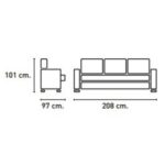 Diagrama medidas sofá Madrid tres plazas. Indica 208 cm ancho, 97 cm profundo y 101 cm alto.