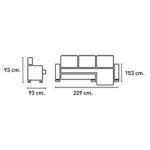 Dibujo esquemático del sofá cama de matrimonio con chaise longue y arcón de almacenamiento. Las medidas son: 93 cm de alto, 93 cm de profundidad, 229 cm de ancho total, y 153 cm de largo para la chaise longue. El esquema muestra una vista lateral y una vista frontal del sofá.