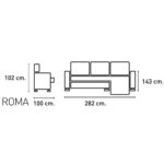 Esquema de medidas del sofá chaise longue Roma, 102 cm de alto, 100 cm de profundidad, 282 cm de ancho, y 143 cm de chaise longue.