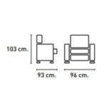 Medidas del sillón reclinable modelo Alaska: 103 cm de alto, 93 cm de profundidad y 96 cm de ancho. El esquema muestra las dimensiones del sillón desde una vista lateral y frontal, detallando la estructura y el espacio que ocupa el mobiliario.