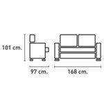 Diagrama medidas sofá Luxor de dos plazas: 168 cm ancho, 97 cm fondo y 101 cm alto.