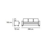 Diagrama de medidas del sofá modelo América de tres plazas: 208 cm ancho, 92 cm fondo y 102 cm alto.