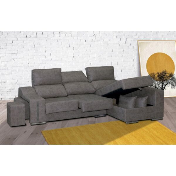 Sofá chaise longue con taburetes, arcón y pouf. Ideal para maximizar el almacenamiento y confort en tu hogar.