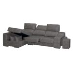 Sofá chaise longue con arcón y taburetes incluidos, en oferta. Tela antimanchas en color gris oscuro.