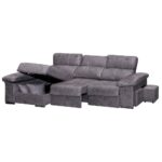 Sofá chaise longue con pouf y taburetes incluidos, respaldo reclinable y función cama. Ideal para espacios versátiles.