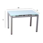 Diagrama de medidas de una mesa de comedor con superficie de vidrio templado, mostrando dimensiones de 100 cm de largo, 70 cm de ancho y 75 cm de alto. Ideal para planificación de espacios en cocinas modernas.