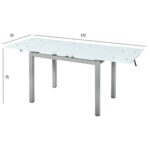 Diagrama de medidas de una mesa de comedor extensible con superficie de vidrio templado. Dimensiones extendidas de 170 cm de largo, 70 cm de ancho y 75 cm de alto. Perfecta para espacios flexibles y modernos.